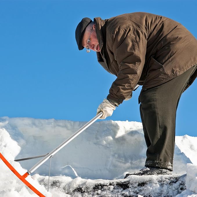 Gisafai Snow Roof Rake Snow Removal Tool with 5 Section Tubes 25 Inch Blade Adjustable 4.8-20 ft Reach Aluminum Shovel Rugged Slide for Single Cabins Car Roof(Orange)