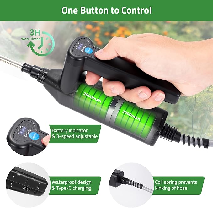 DOUBFIVSY Electric Garden Sprayer, 2 Gallon Battery Powered, 3 Adjustable Speeds, 4 Nozzles, 32" Retractable Wand, Green, ABS Handle, HDPE Water Can, Lawn & Garden
