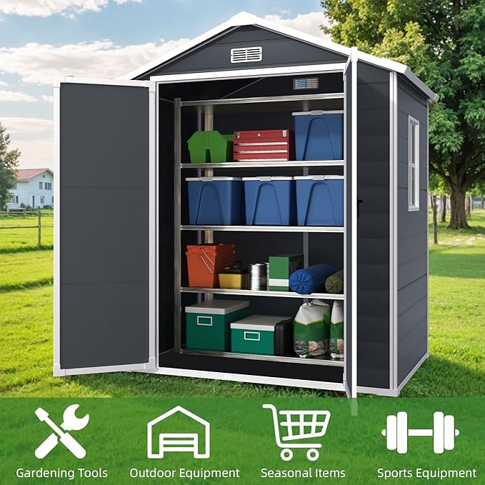 6x4.4FT Outdoor Storage Shed, Resin Shed with Reinforced Floor & Secure Door Lock, All-Weather Outdoor Shed for Gardening Tools, Bicycles, Patio Furniture, Lawn Mower (Dark Gray)