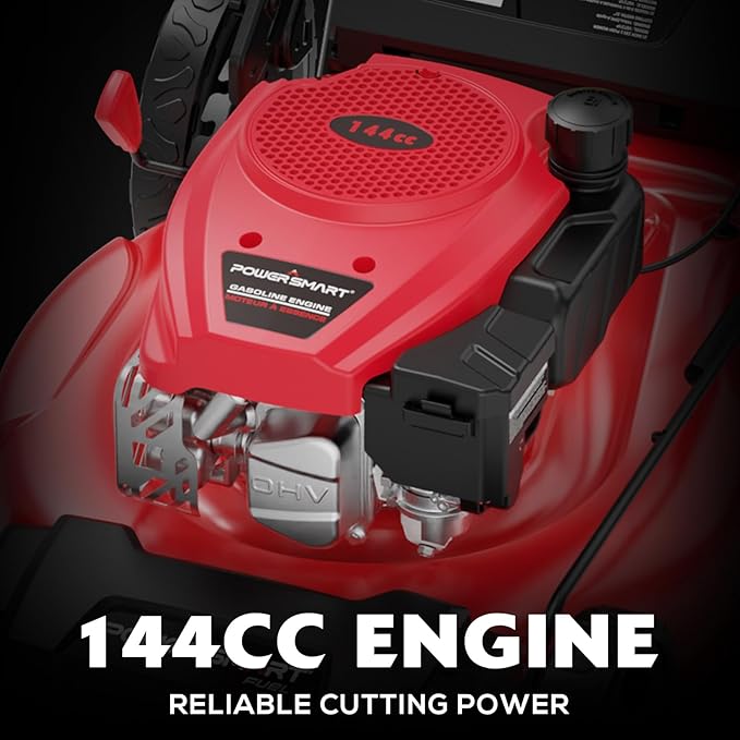 PowerSmart Gas Push Lawn Mower 21-inch 144cc 4-Stroke Engine with Easy Adjustable Cutting Height, High Wheels, 2-in-1 with Mulching, Rear Bagger
