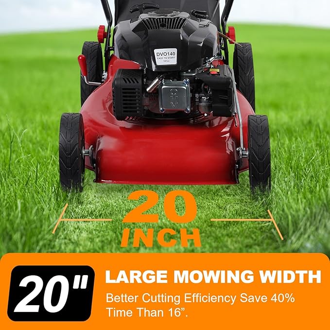 4-Cycle Self Propelled Gas Lawn Mower with Bagging,141cc OHV Engine with Air Cooling, 20" Steel Deck, 3-in-1 Cutting System, 8-Level Height Adjustment, 20L Grass Catcher, Foldable Desig Red