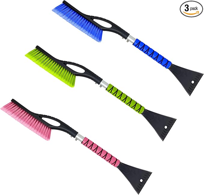 27" Snow Brush and Ice Scrapers for Car Windshield (3 Pack), Window Scraper with Ergonomic Foam Grip, Snow Removal for Car, Must Have Winter Car Accessories (Green, Blue & Pink)