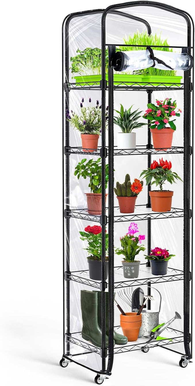Abimars 5-Tier Mini Greenhouse with Caster Wheels, Each Shelf Height Adjustable Metal Plant Shelf with PVC Cover for Seed Starting Trays, Seedling Pots, Plant Pots, 11x16x57inch