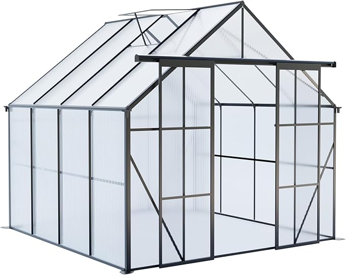 KEIKI 8x8 FT Double Door Polycarbonate Greenhouse with Aluminum Frame,Raised Base and Roof Vent,Walk-in Greenhouses for Patio Garden