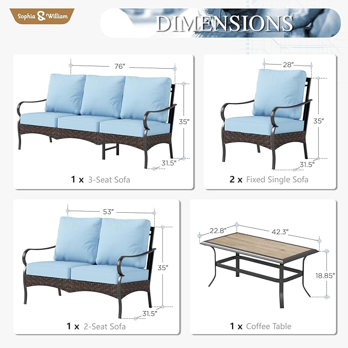 Sophia & William Patio Furniture Set, 5 Piece Metal Outdoor Conversation Set with 3-Seater Outdoor Couch, 2 Sofa Chairs, 1 Loveseat,1 Coffee Table for Outdoor Seating, Backyard, Porch(Blue)