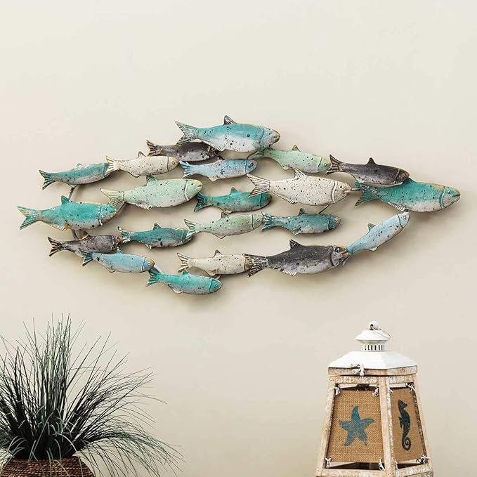 BLACK FOREST DECOR Distressed School of Fish Wall Décor - Coastal Blue Metal Wall Art - 39.5" W x 14" H