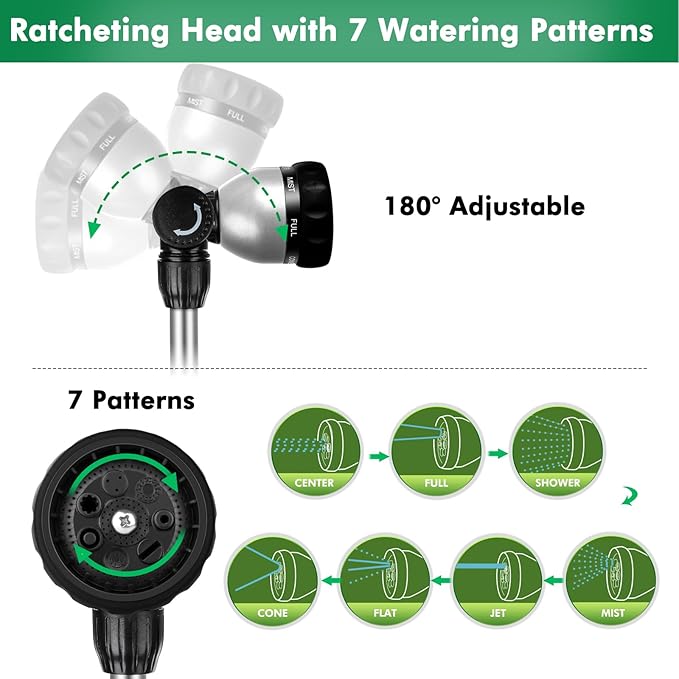 RESTMO Metal Watering Wand, 36”-60” Long Telescopic Tube | 180° Adjustable Ratcheting Head | 7 Spray Patterns | Flow Control, Perfect Garden Hose Sprayer to Water Hanging Baskets, Shrubs, Black