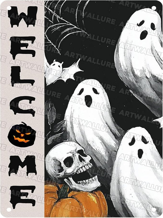 Welcome Halloween Ghost Metal Tin Sign Vintage Retro Wall Decor Rustic Metal Poster For Home Yard Outdoor 12x16inch
