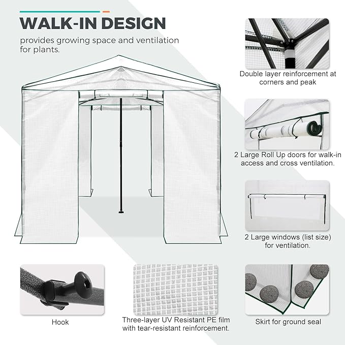 EAGLE PEAK Instant Pop-up Greenhouse, Indoor Outdoor Plant Gardening Green House, Roll-Up Zipper Doors and Side Windows, Walk in 12x8 ft, White/Clear