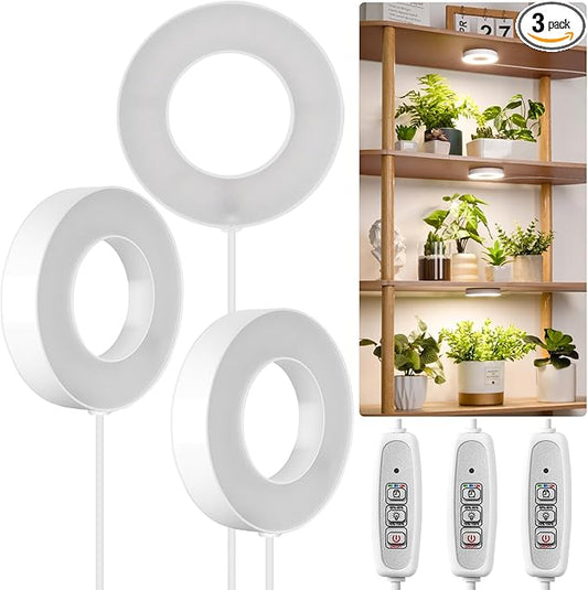 LORDEM Grow Light for Indoor Plants, 48 LEDs Ceiling Full Spectrum Plant Light, 5V Corded Growing Lamp with 4/8/12H Auto Switch, 4 Dimmable Brightness Levels, Single-Head, 3 Pack