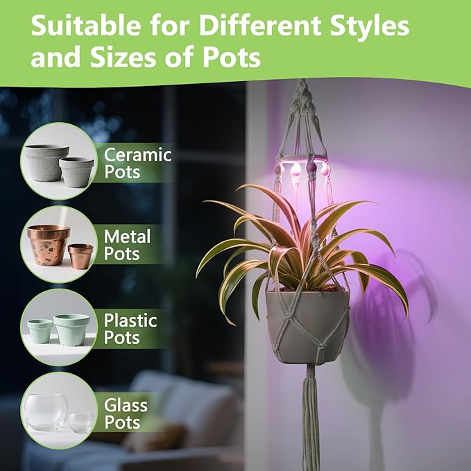 Macrame Plant Hanger with Grow Light: 2 Pack Boho Hanging Planters with Light for Indoor Plants, Ideal for Apartments, Small Spaces, Low-Light Rooms (GrowPro Spectrum)