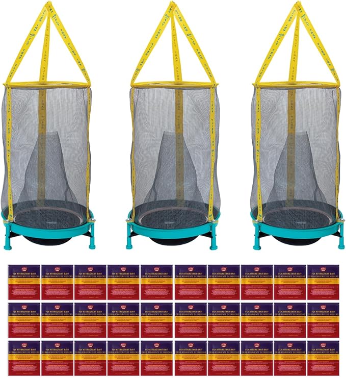 EZ Fly Cage Ranch Fly Trap with 2 Flies Inn Fly Attractant Bait Refill, Low Odor, Reusable, Built to Last for Years (3 Trap + 36 Baits, 1)