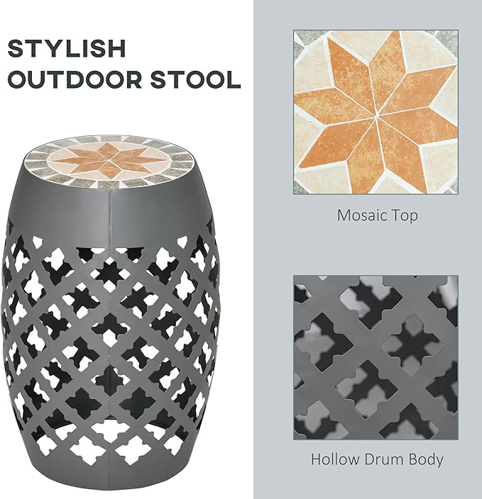 Outsunny 12" Patio Round Side Table, Outdoor Footstool, Garden Mosaic Accent Side Table, Plant Stand, Gray