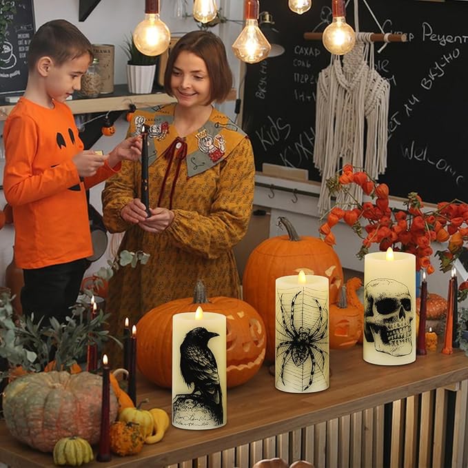 Eldnacele Halloween Flickering Candles with Skull, Spider Web, Crow, Raven Decals, Set of 3 Flat Wick Battery Operated Halloween Themed LED Candles with Remote Timer Spooky Decor