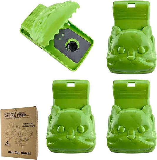 Large Reusable Snap Mouse Traps for Mice Rats Chipmunks – Cat-Shaped, Easy to Set, Works with Peanut Butter – Indoor Outdoor for Home Garage Kitchen Shed Chicken Coop, 4 Pack