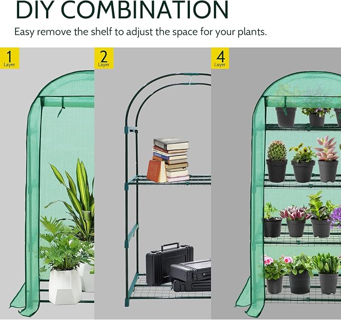 EAGLE PEAK Mini Greenhouse with Wire Shelves, Portable Indoor & Outdoor Green House with Roll-Up Zipper Door, 4 Tier, 31.5”x17.7”x63.0”, Green PE Cover