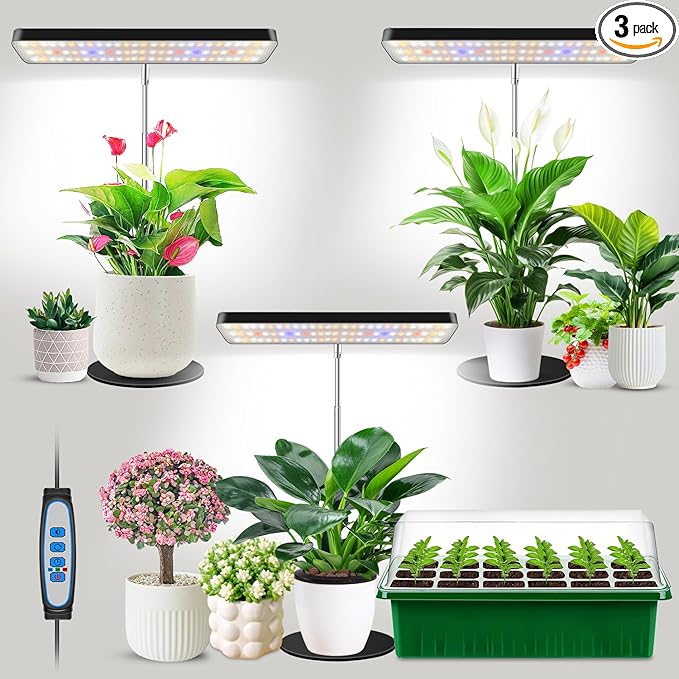 Plant Lights for Indoor Growing, Full Spectrum Grow Light 3 Pack with Base, 26 Inch Height Adjustable LED Grow Lamp with 6/12/16H Timer, 5 Dimming Levels, Ideal for Seeds Starting