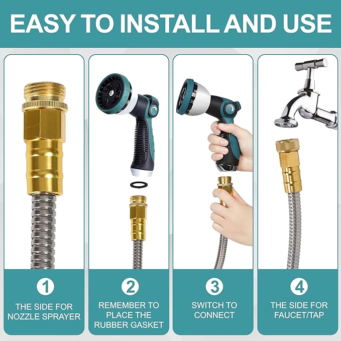 75FT Garden Hose, 304 Stainless Steel Water Hose, Flexible with a 10-Mode Nozzle Sprayer, No Kink, Lightweight, Puncture Proof, Ideal for Yard, Lawn, Outdoor, 5/8'' Outside Diameter