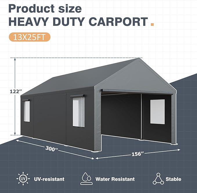 13x25 Ft Carport, Car Ports with 180g PE Tarp, Side-Opening Door & Roll-Up Windows, Carport Canopy, Portable Garage for Car, Truck, Boat, and SUVs,Motorcycle