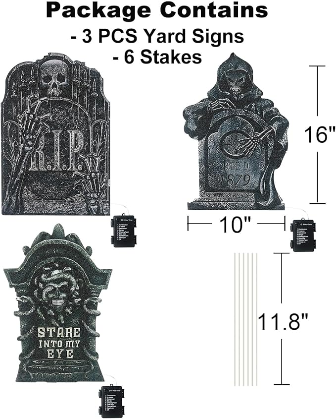 Halloween Tombstone Decoration - Lighted Gravestone Decor Yard Signs for Outdoor Yard Garden with Stakes 8 Lighting Modes - Green Light 3PCS