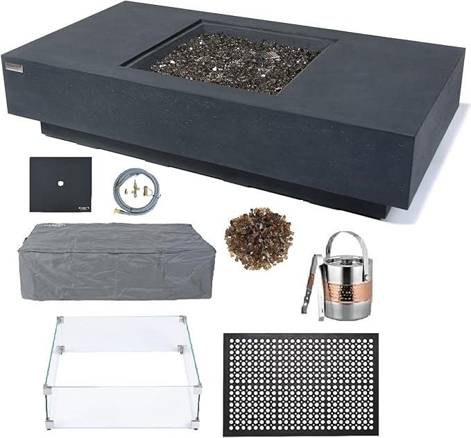 Elementi+ | Bundle Cannes Gas Fire Pit Cast Concrete 60" Rectangular Fire Table, Outdoor Fire Pit Electronic Ignition | Canvas Cover, Fire Glass and Burner Lid Included | Dark Gray | Natural Gas