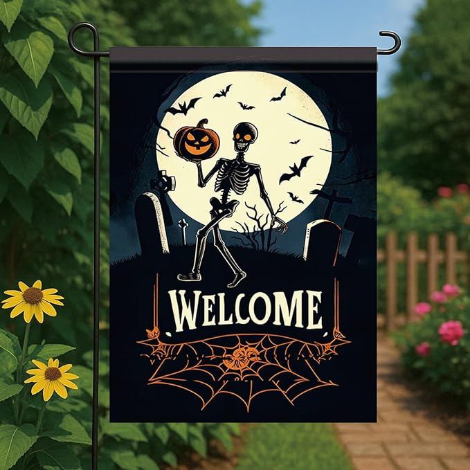Halloween Garden Flag Skeleton Pumpkin Outdoor Yard Decoration Welcome Banner 12x18 Inch Double Sided Holiday Lawn House Vertical Seasonal Sign Skeleton with Pumpkin Small Yard Flag