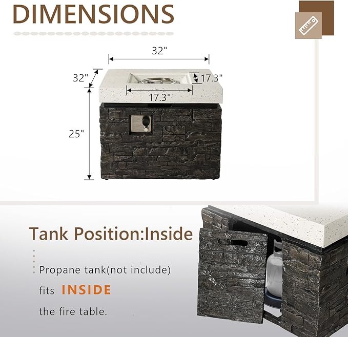 COSIEST 32-inch Outdoor Propane Fire Pit Table, Square Fire Table w Faux Brown Ledgestone, 40,000 BTU Stainless Steel Burner, Free Lava Rocks, Fits 20lb Tank Inside