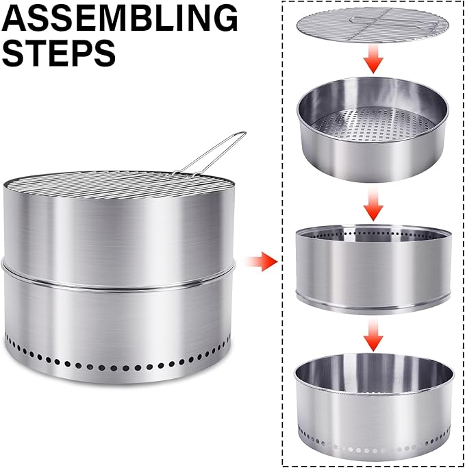 HGD 19.5 Inch Smokeless Firepit with Grill, Portable Wood Burning Fire Pit for Camping & Backyard, Stainless Steel Outdoor Fireplace with Travel Bag, Easy Setup & Compact Storage - Foldable Design