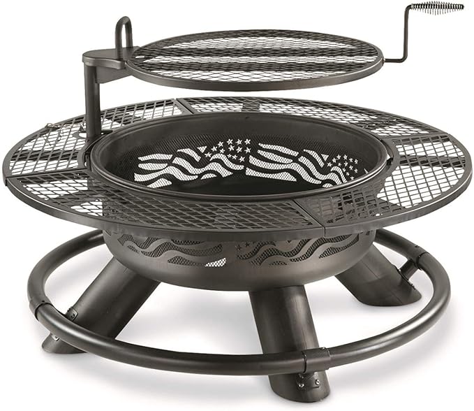 CASTLECREEK 47" Fire Pit BBQ Grill Outdoor Wood Burning Steel Log Firepit for Camping, Grilling, Smores, Yard, Cooking Outside, Barbecue, Bonfire Flag