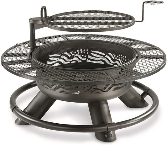 CASTLECREEK 47" Fire Pit BBQ Grill Outdoor Wood Burning Steel Log Firepit for Camping, Grilling, Smores, Yard, Cooking Outside, Barbecue, Bonfire Flag