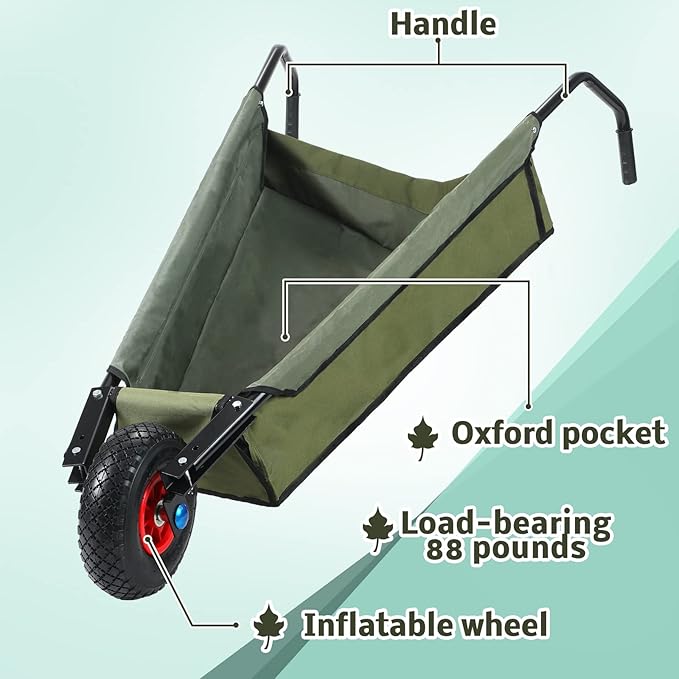 BBTO Folding Wheelbarrow Collapsible Foldable Yard Cart 88lbs Lightweight Gardening Heavy Duty Oxford Cloth Lawn for Adult, Grass, Soil, Brick, Leaf, Garden Supplies, 10" Pneumatic Tire