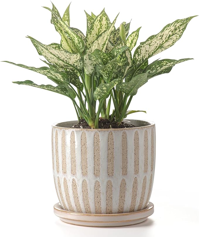 Ceramic Flower Pots Indoor-Outdoor: 7.75 Inch Large Planters with Drainage Holes & Saucer - Modern Decorative Plant Pots Ceramic for Home Gardeners (Striped)