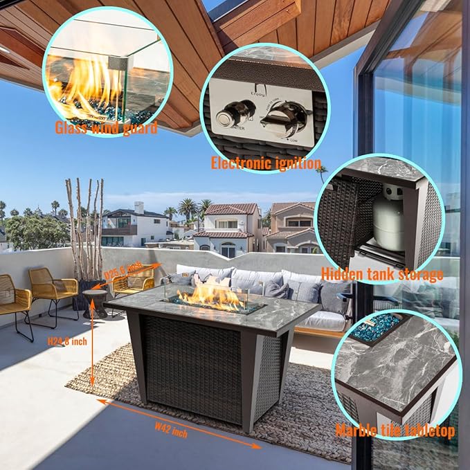 42'' Propane Fire Pit Table, Marble Tile Ceramic Tabletop with Glass Wind Guard, 50,000 BTU Fire Table with Inclined Leg and Art Powder Design, Blue Glass Rocks, Including Lid&Cover, Brown