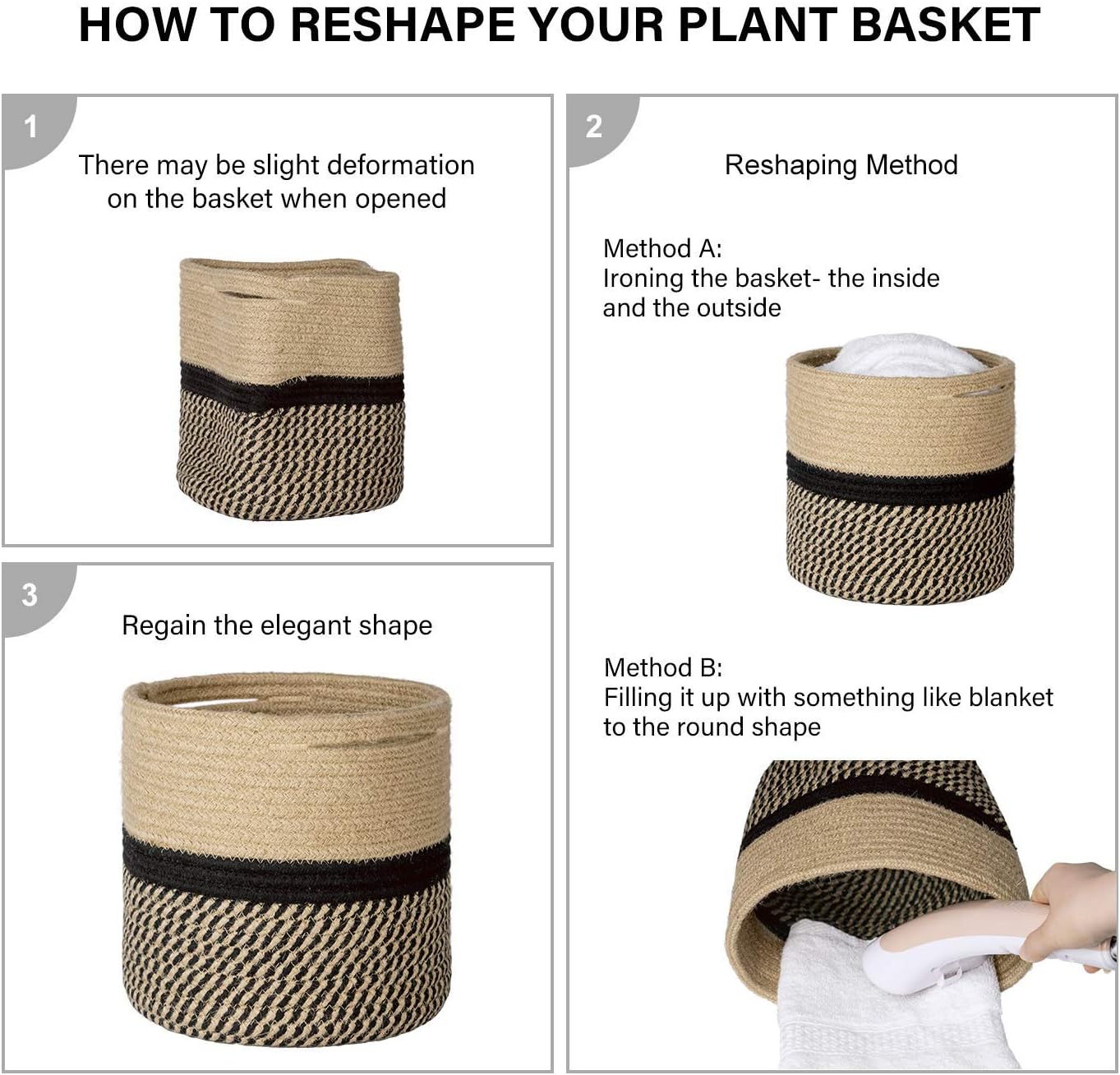 TIMEYARD Sturdy Jute Rope Plant Basket Modern Woven Basket up to 7.5 Inch Flower Pot Floor Indoor Planters, 8” x 8” Storage Organizer Baskets Rustic Home Decor, Black Stripes