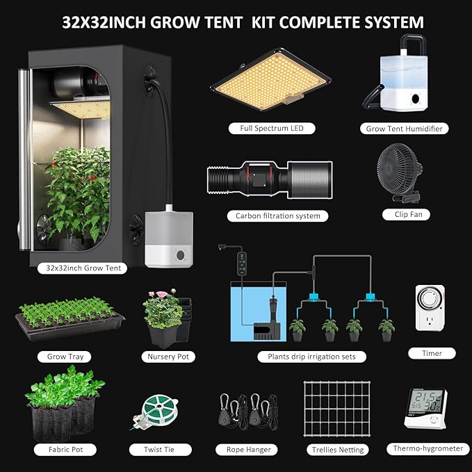 Upgrade Integrated Auto 2'X2' Grow Tent Kit Complete System, S1000 LED Grow Light, Grow Tent with 4“Ventilation Kit, Inline Fan&Carbon Filter, Irrigation Kit, Humidifier and Clip Fan