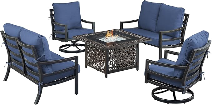 Oakland Living Black Aluminum Patio Fire Table Set with Two Deep Seating Loveseat with Cushions and Two Club Chairs with Blue Cushions