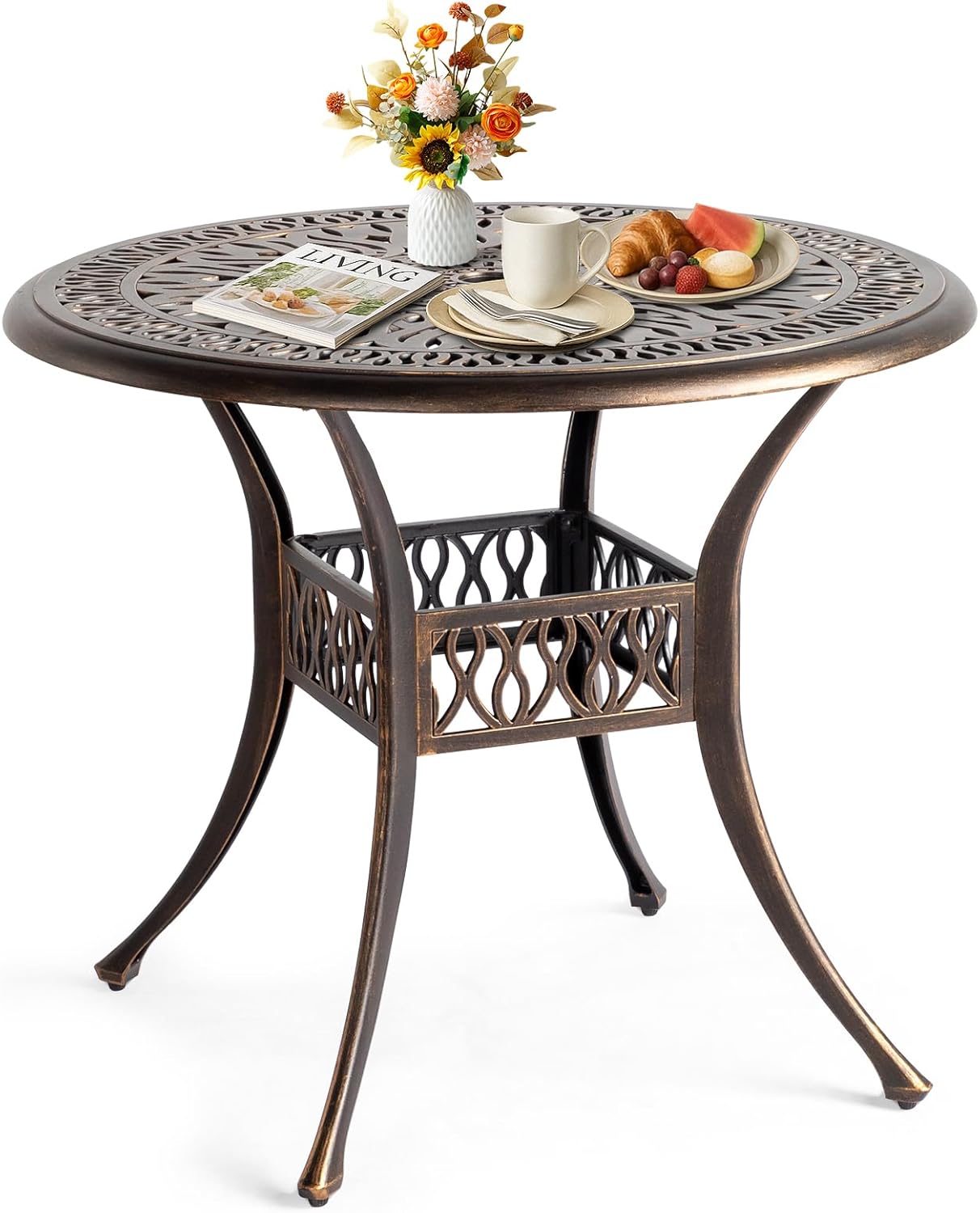 Outvita Patio Side Table, 35.4in Outdoor Round Cast Aluminum Bistro Table with Umbrella Hole and Antique Design for Backyard Porch Pool Balcony Deck Bronze
