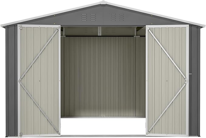 10×10 FT Outdoor Storage Shed,Metal Aluminum Waterproof Tool Sheds with Doors and Vents,Heavy-Duty Sheds Unit W/Lock and Key,for Storing Bicycles,Lawnmowers,Barbeques,Gray