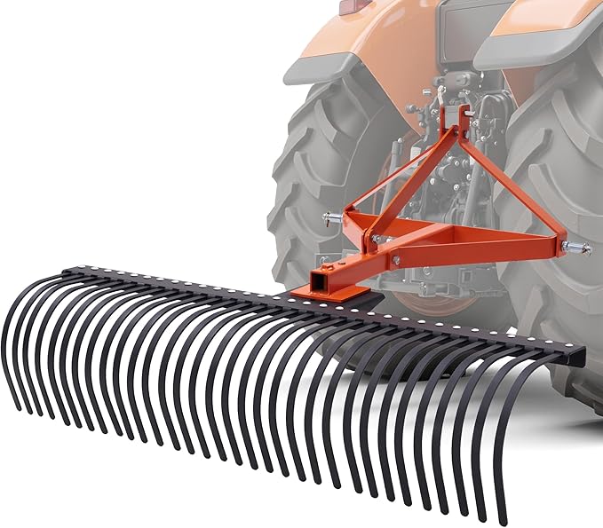 Specraft 3 Point Tow Behind Rake, 60" Adjustable Angle with 32 Steel Tines, Lawn Dethatcher Landscape Rake with Attachments for Field, Yard Cleanup
