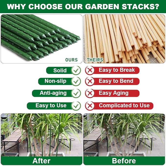 Mininfa Steel Plant Stakes 5 Feet, Plastic Coated Metal Garden Stakes Supports Climbing for Tomatoes, Trees, Beans, 25 Pack
