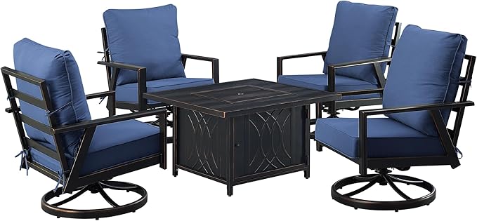 Oakland Living Black Aluminum Patio Fire Table Set with Four Club Chairs with Blue Cushions