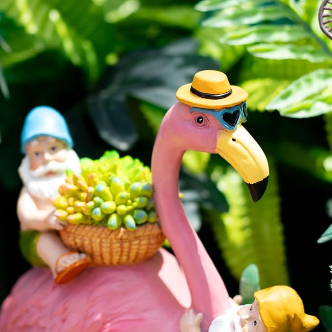 Gnomes Flamingo Garden Statue – Resin Sculpture for Yard, Patio or Lawn Decor – Funny Garden Gnome Gift for Mom, Women, Friends (No Lights)