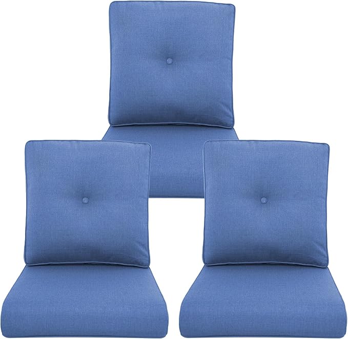 Outdoor Chair Cushions 3 Packs - Outside High Back Thick Water-Resistant Cushion 22x24 with Zipper Cover for Patio Glider Rocking Chairs Loveseat Couch – Blue/Buckle