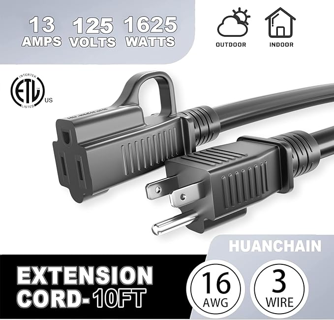 HUANCHAIN 10 ft (2pack) Indoor Outdoor Black Extension Cord Waterproof, 16/3 Gauge Flexible Cold-Resistant Appliance Cord Outside, 13A 1625W 16AWG SJTW, 3 Prong Heavy Duty Electric Cable, ETL