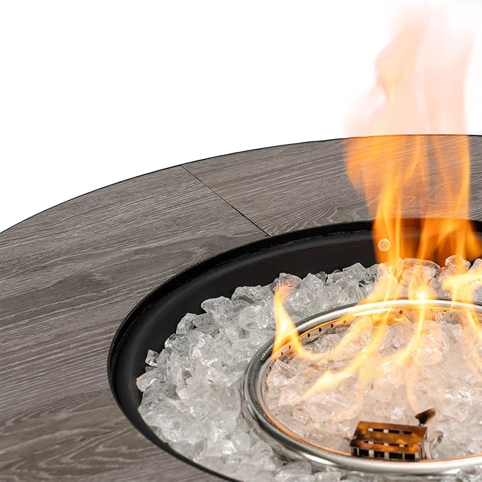 30'' Concrete Round Gas Fire Pit, 50,000 BTU Steel Outdoor Fire Tables, Fire Table with Lid, Add Warmth & Ambience to Gatherings and Parties On Patio Deck Garden Backyard，White Glass Stone.