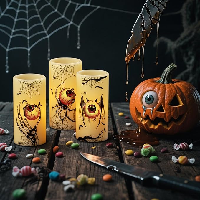 DRomance Halloween Flameless Flickering Candles Battery Operated with Timer, 3 Pack Real Wax LED Pillar Candles Spooky Bloody Eyes Spider Decals Dinner Halloween Decorations Indoor(3" D x 6" H)