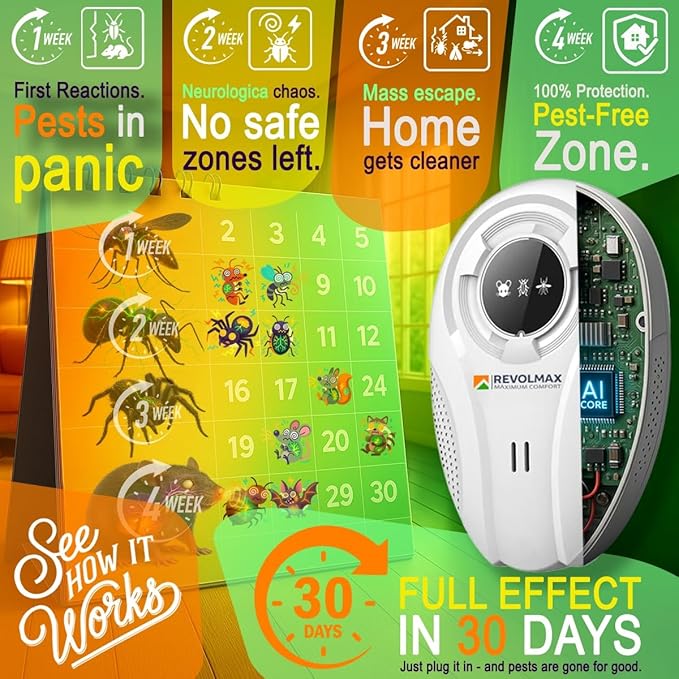 RX-78, Ultrasonic Pest Control Repeller - Electronic & Ultrasound, Indoor Plug-in Repellent - Get rid of - Rodents, Mice, Squirrels, Bats, Insects, Bed Bugs, Ants, Fleas, Spiders, Roaches (6Pack)