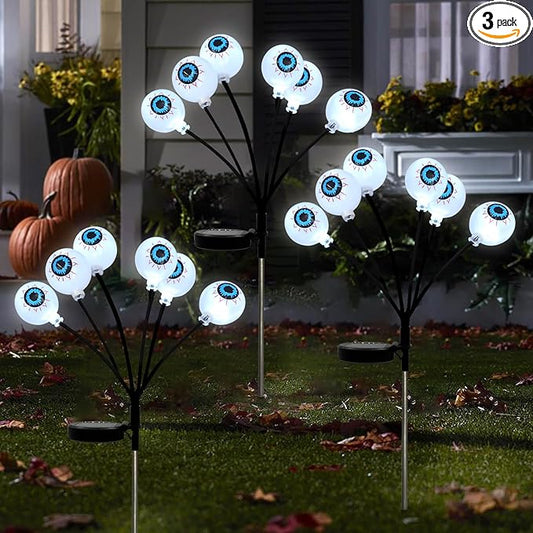 Set of 3 Halloween Eyeball Lights Outdoor Solar Pathway Lights with 18 Cool White LEDs for Garden Yard Lawn Patio Decorations