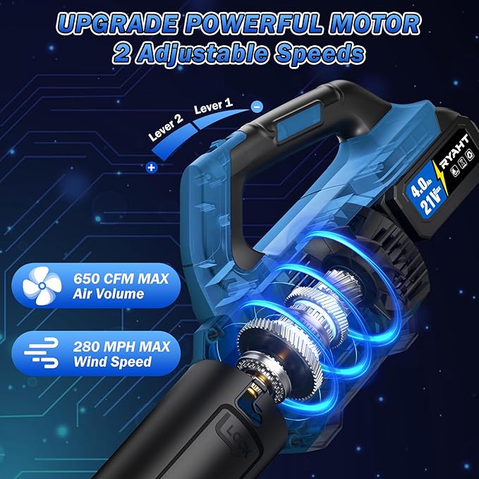RYAHT Leaf Blower Cordless, 21V Powerful Electric Leaf Blower with 2 X 4.0Ah Batteries and Charger, 2 Speed Modes, Handheld Lightweight Leaf Blowers for Lawn Care, Patio, Dust, Blowing Leaves, Blue
