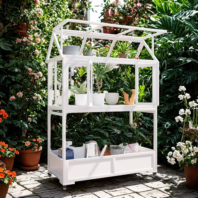 Portable Wooden Cold Frame Greenhouse with Wheels - 47" Mini Greenhouse with Adjustable Roof, Storage Box & Polycarbonate Panels - Plant Protector for Seedlings, Herbs & Winter Gardening (White)